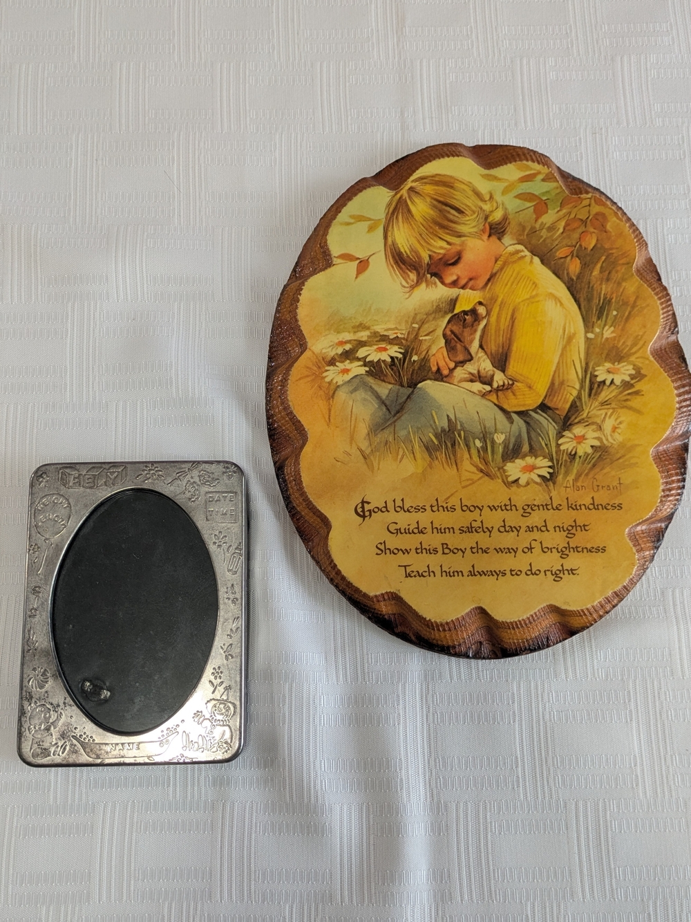 Vintage 80's Wall Plaque with Boy and Puppy , Silver Frame